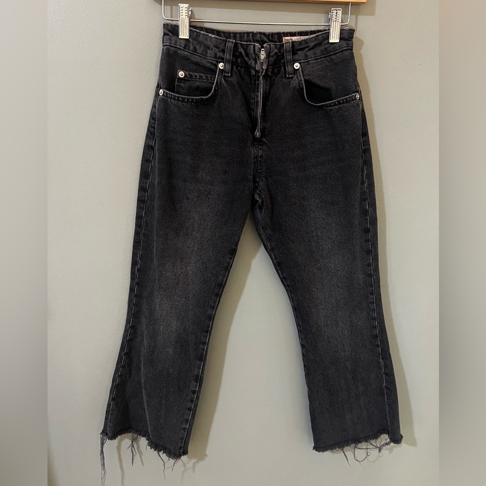 ASOS high waisted distressed black denim raw hem size 25